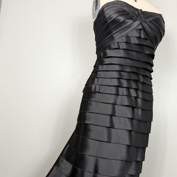 BCBG Prom Dress Maxi Gown 10 Black Ruffle Strapless Glam Goth Satin Tier Classic - Picture 2 of 14